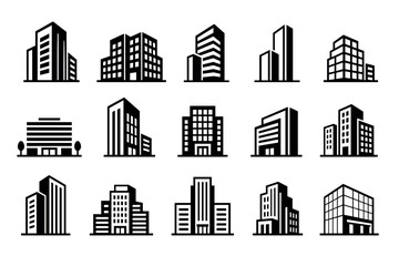 Obraz premium Modern building icons and skyscraper vector symbols representing corporate real estate, urban architecture, and city office towers for business design elements