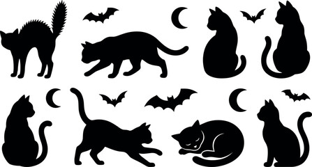 Halloween black cat silhouette set featuring spooky feline poses, bats, crescent moons and mystical night vector collection © Shekhor studioBD