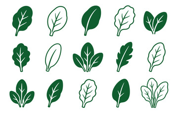Obraz premium Green spinach leaves vector illustration set featuring various simple line art and solid silhouette icons of fresh organic salad greens