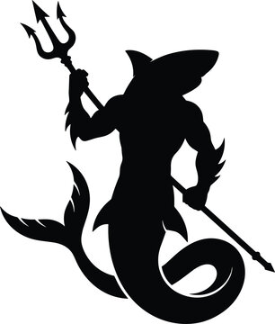 Black silhouette of a muscular merman holding a sharp trident, isolated on a plain... desi