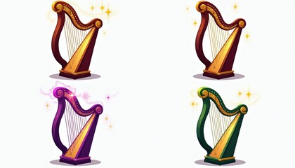 Obraz premium Set of four colorful harp illustrations with magical glow. Gold stringed musical instruments in purple green, brown colors. Decorative art elements for fantasy design projects. Flat style elegant