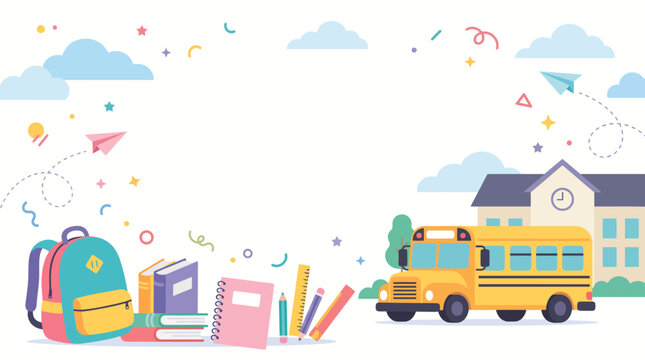Back to school vector background with yellow bus, colorful backpack, stack of books, and stationery supplies, featuring a playful flat design style perfect for educational posters and web banners.
