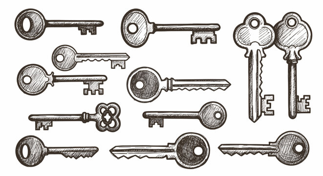Vintage and modern key collection featuring hand-drawn rough sketches of skeleton keys, ornate antique metal keys, and contemporary door lock openers on a clean white background.