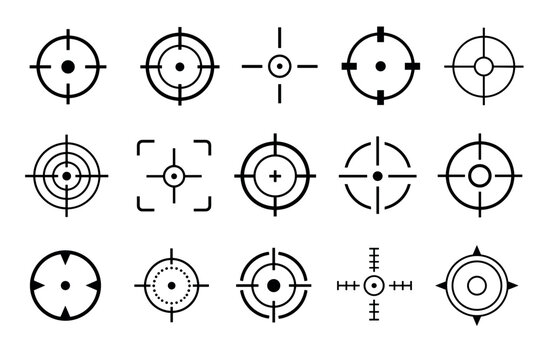 Black target crosshair icons set for aiming and shooting games, featuring various circular reticle designs, bullseye symbols, and gun sight elements