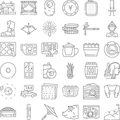 Fototapeta premium Collection of outline icons illustrating a wide range of concepts including finance, health, technology, travel, lifestyle, food, business, education, religion, and household objects