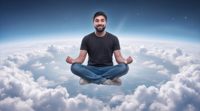 Bearded man meditating while levitating above clouds in stratosphere. Calm male floating in lotus position against blue sky and stars.
