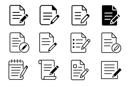 Document edit icons with pencil and paper symbols representing content creation, writing, editing, and note taking for user interface design