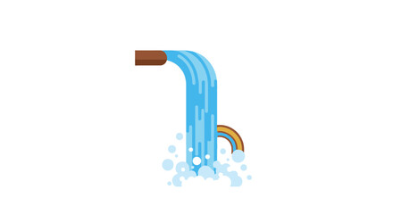 Naklejka premium Vector Illustration of a Flowing Waterfall Stream with Rainbow and Bubbles