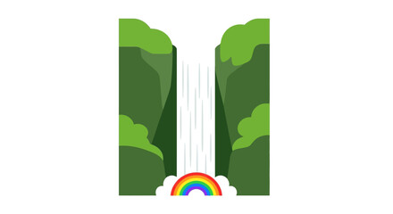 Naklejka premium Minimalist Vector Illustration of a Tropical Waterfall with a Vivid Rainbow