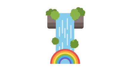 Naklejka premium Flat vector illustration of a scenic waterfall with a colorful rainbow