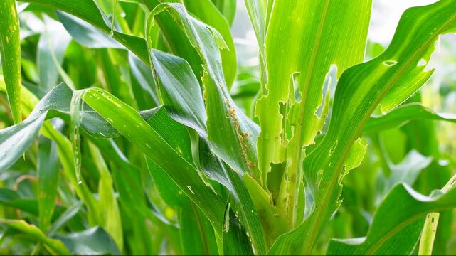 Close-up of corn leaves damaged by fall armyworm pests. Visible holes and destruction on green maize plants, illustrating agricultural crop loss and insect infestation in a farming field