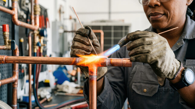 African American HVAC technician brazing a copper pipe T-joint. Close up of a plumber wearing leather gloves using a torch and filler rod to solder tubing in a workshop