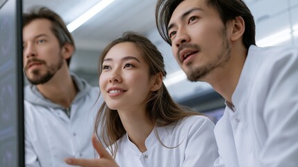 Fototapeta premium Futuristic research team analyzing genetic sequences on digital screens in a modern laboratory setting.