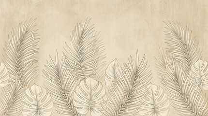 Vintage tropical palm leaves on beige textured background. Hand drawn botanical monstera foliage. Antique sepia floral wallpaper for interior design.