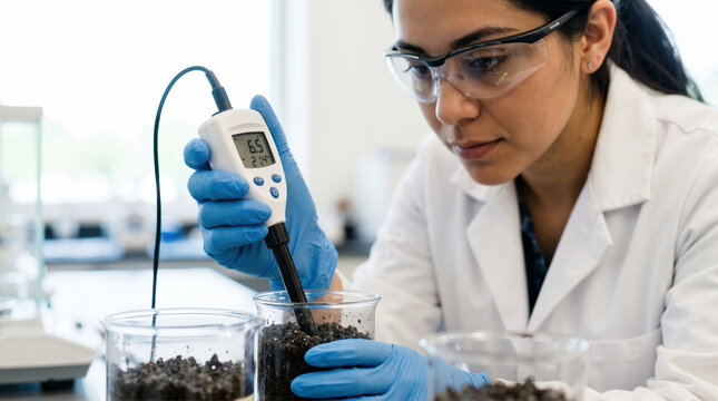 Female scientist testing soil pH with a digital meter in a laboratory. Researcher in lab coat and safety glasses analyzing soil sample. Agricultural science and research concept