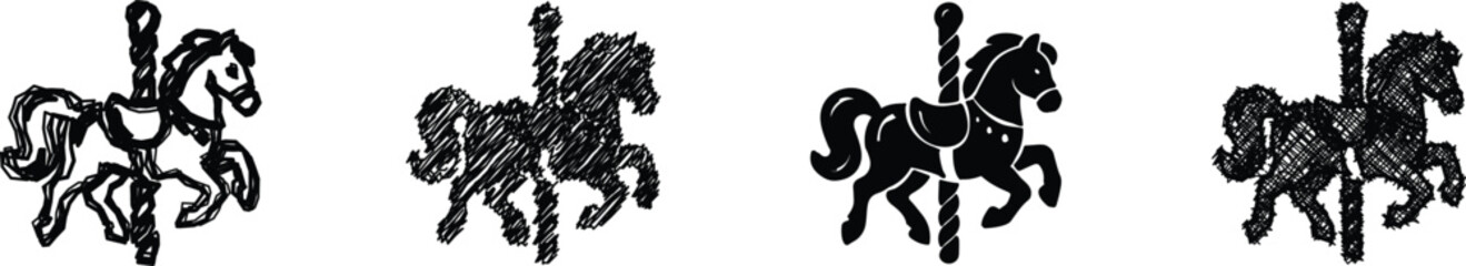 Fototapeta premium Collection of four distinct carousel horse illustrations, showcasing different artistic interpretations and textures for versatile design applications
