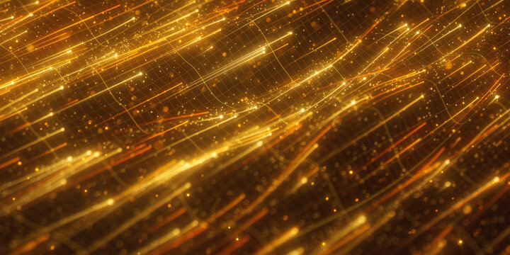 Golden digital particles flowing into abstract cyber hole. 3D quantum data stream on black background.