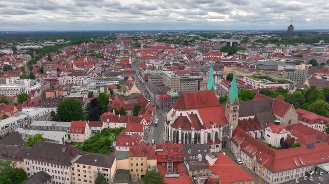 Augsburg, Bayern, Seutschland. Aerial view of the old town and city hall of Augsburg in Germany on cloudy day in summer.