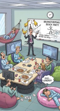 Humorous Office Meeting with Relaxed Employees and Cartoon Style Illustration.