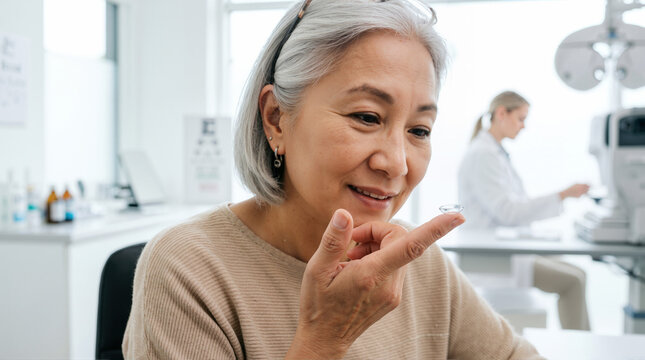 Senior Asian woman holding a contact lens on her fingertip. Mature female patient in an optometry clinic with an eye doctor in the background