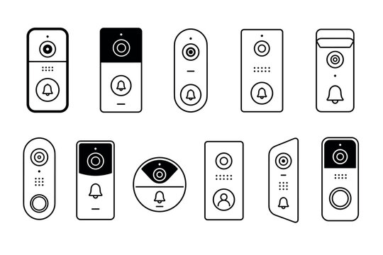 Smart video doorbell line icons set featuring modern home security intercom systems with cameras and bell buttons for residential surveillance