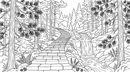 Obraz premium Forest Landscape Coloring Page with Waterfall and Stone Stairs