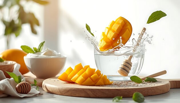 Sliced Mango And Honey In Water A Realistic Tropical Breakfast Scene With Natural Light ripe fruit stone mangifera