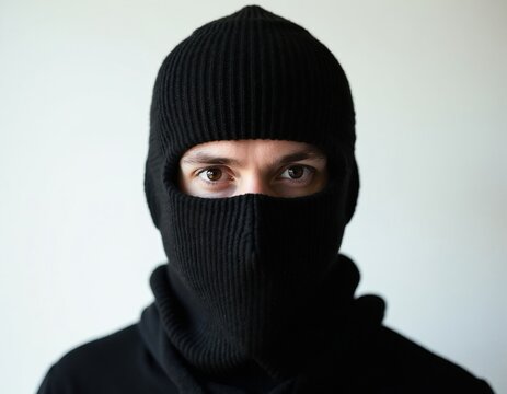 Person wears black knitted balaclava ski mask, eyes visible. Covers face for anonymity, warmth, or disguise. Used for sports, crime, or security themes.