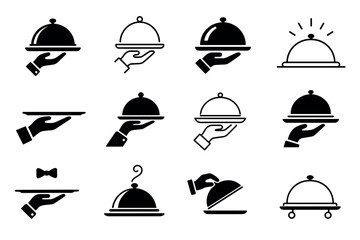 Fototapeta premium Restaurant waiter hand holding tray cloche icons representing food service, catering, hospitality, and fine dining symbols in a minimalist black vector style