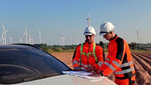 Two engineers in safety gear review wind farm plans on a car hood in a rural field, with wind turbines spinning in the background under a clear sky.