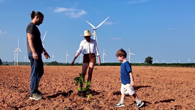 A man, child, and farmer plant a young tree in a dry field while wind turbines turn in the background, symbolizing reforestation and clean energy under a clear blue sky.