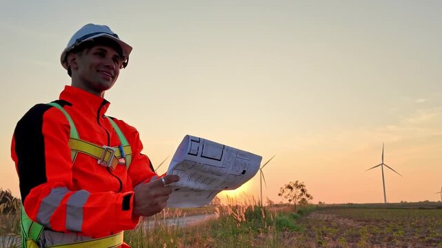Engineer in high-visibility gear reviews blueprints at a wind farm at sunset, with turbines spinning over a rural field.