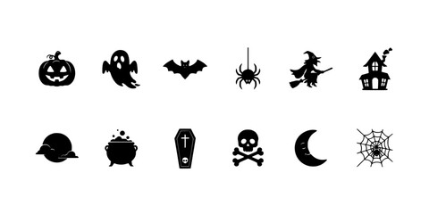 Fototapeta premium Pumpkin Icon, Ghost Bat Moon Cat Skull Spider Web Witch Hat Halloween Illustration Set Featuring Spiderweb, Broom, Lantern