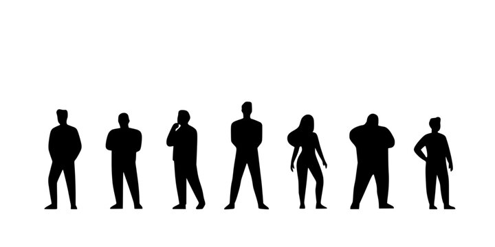 Person Group Silhouettes Standing in Different Poses, Diverse Styles, Vector Icon Set for Teamwork and Community Concept