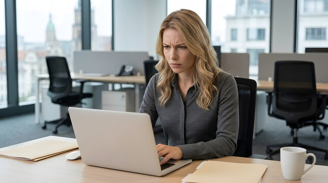 Stressed Blonde Woman Working on Laptop in Modern Office