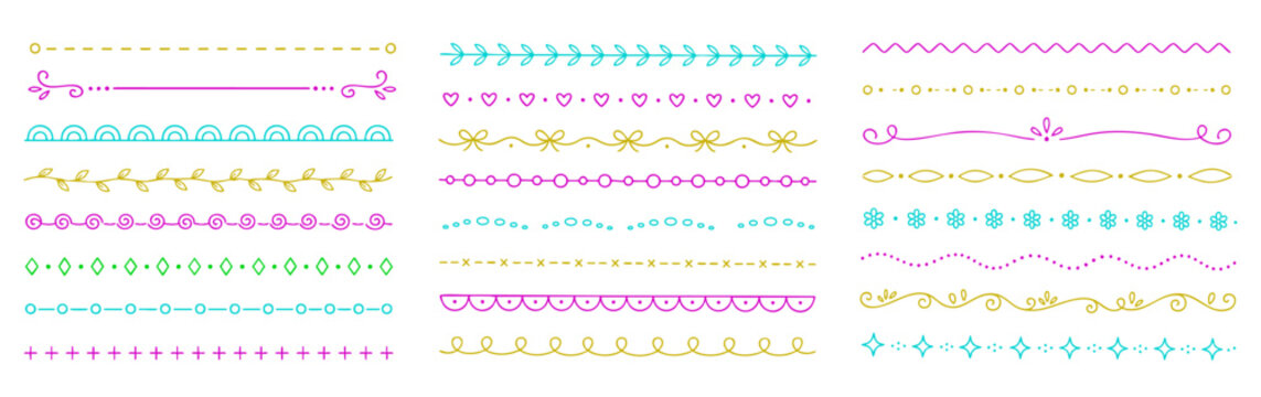 Colorful hand drawn divider border collection with floral lines, hearts, leaves, dots, swirls and ornamental separators on white background.