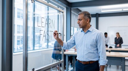 Fototapeta premium Confident middle-aged man writing learn fast on a glass panel in a modern office
