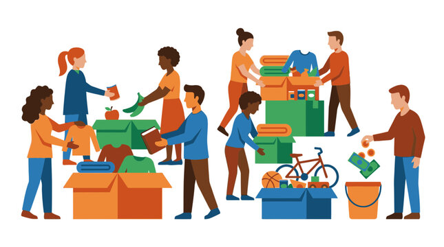 Diverse volunteers sorting clothes and food for charity donation