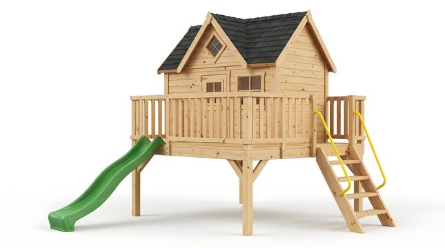 Wooden children playhouse with slide and stairs on white studio backdrop.