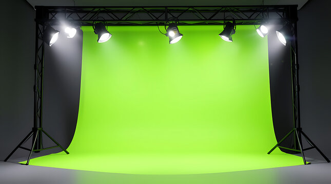 Empty Studio Stage with Bright Green Screen Background and Spotlights High Angle Shot