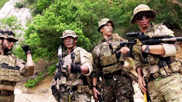 Four camouflaged soldiers in tactical gear huddle and plan during field training in a rugged forested area, rifles ready and faces painted