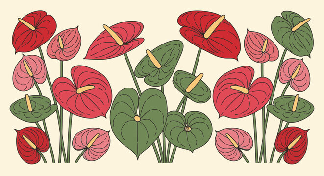 Vector illustration of anthurium laceleaf flowers in shades of red, pink, and green with yellow spadices. Stylized line art composition of tropical plants on a neutral cream background.