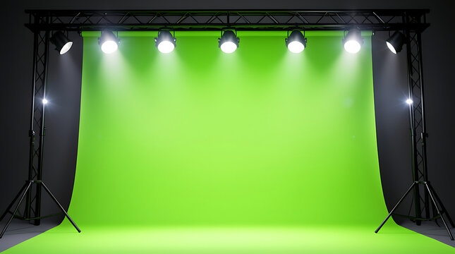 Empty Stage with Green Screen Backdrop and Spotlights in Dark Studio Setting