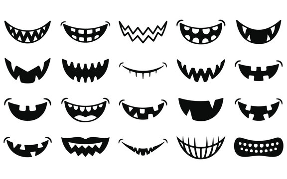 Halloween vector smiling mouths and teeth set black silhouettes for spooky designs