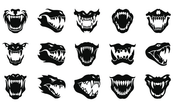 Set of 15 halloween vector monster mouths and heads for spooky designs