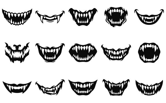 Halloween vector mouths and teeth set spooky black silhouettes for halloween decorations and designs