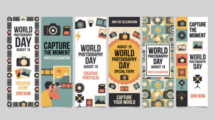 Fototapeta premium Vintage World Photography Day vertical banners, retro camera and photo equipment web headers, August 19 event promotion vector set