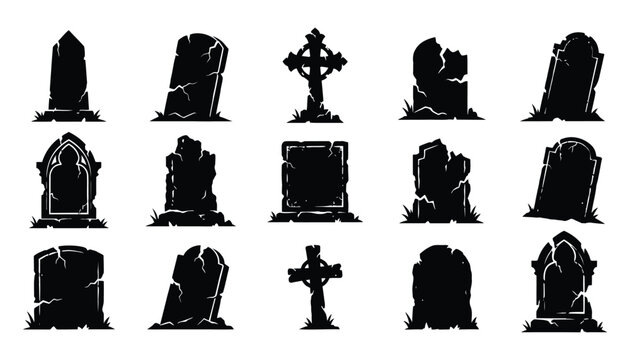 Set of 14 halloween vector tombstones and crosses silhouettes