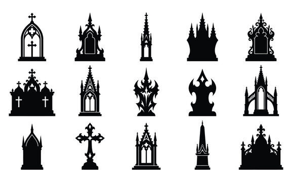 Set of halloween vector gothic tombstones crypts and spooky architectural elements for holiday designs