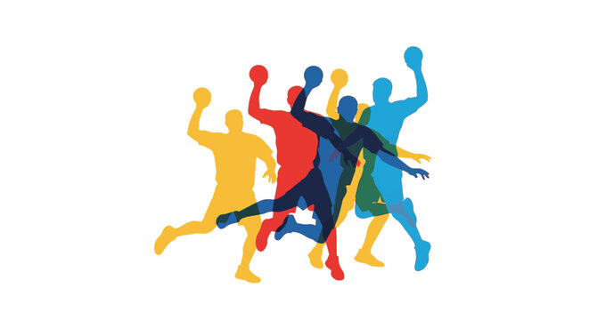 Abstract vector illustration of multiple handball players in overlapping colorful silhouettes of yellow, red, blue, and cyan performing jump shots isolated on a white background.